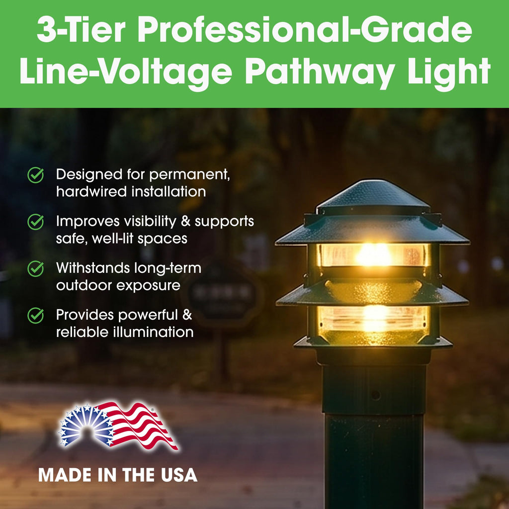 Made in USA Greenfield Weatherproof Line-Voltage (120V) Pagoda 3-Tier LED Path Light – For Permanent Professional Installs – Green – 3” Postbase Mount