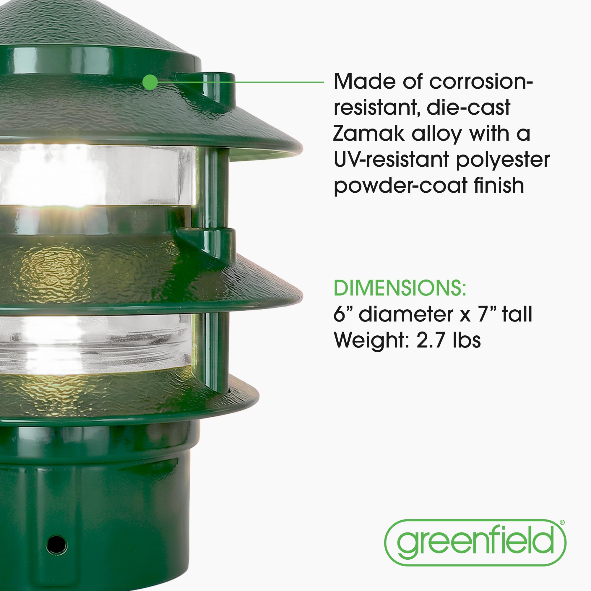 Made in USA Greenfield Weatherproof Line-Voltage (120V) Pagoda 3-Tier LED Path Light – For Permanent Professional Installs – Green – 3” Postbase Mount