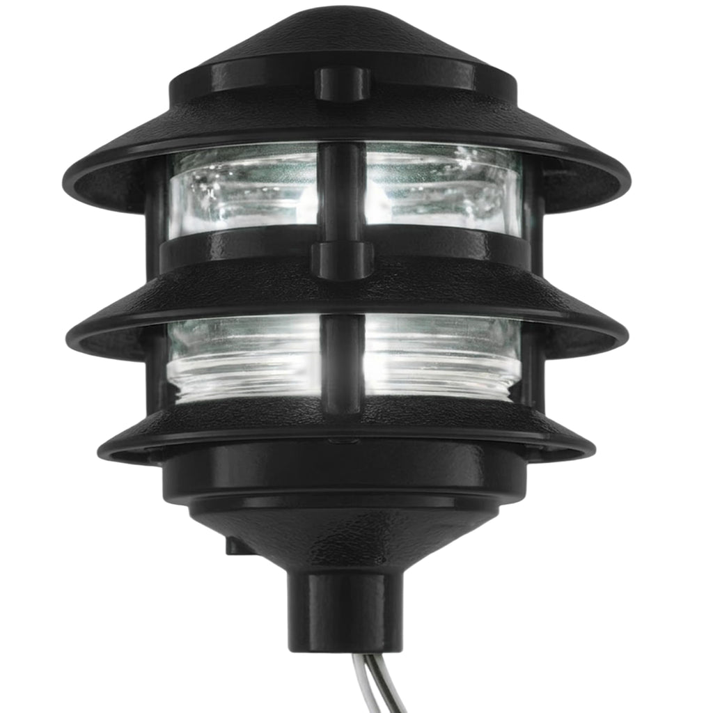 Made in USA Greenfield Weatherproof Line-Voltage (120V) Pagoda 3-Tier LED Path Light – Professional Grade for Permanent Install – Black - ½” NPT Mount