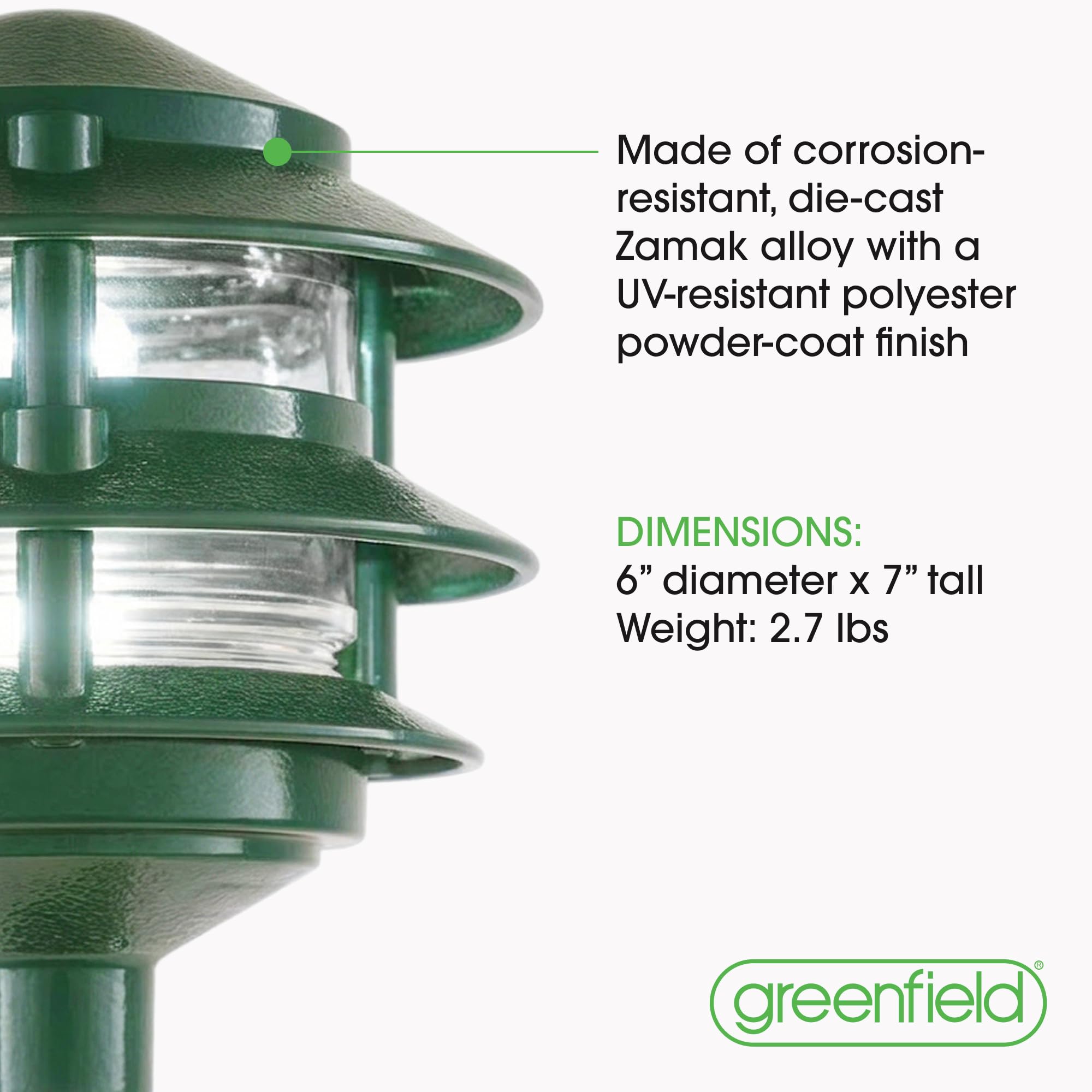 Made in USA Greenfield Weatherproof Line-Voltage (120V) Pagoda 3-Tier LED Path Light – For Permanent Professional Installs – Green - ½” NPT Mount