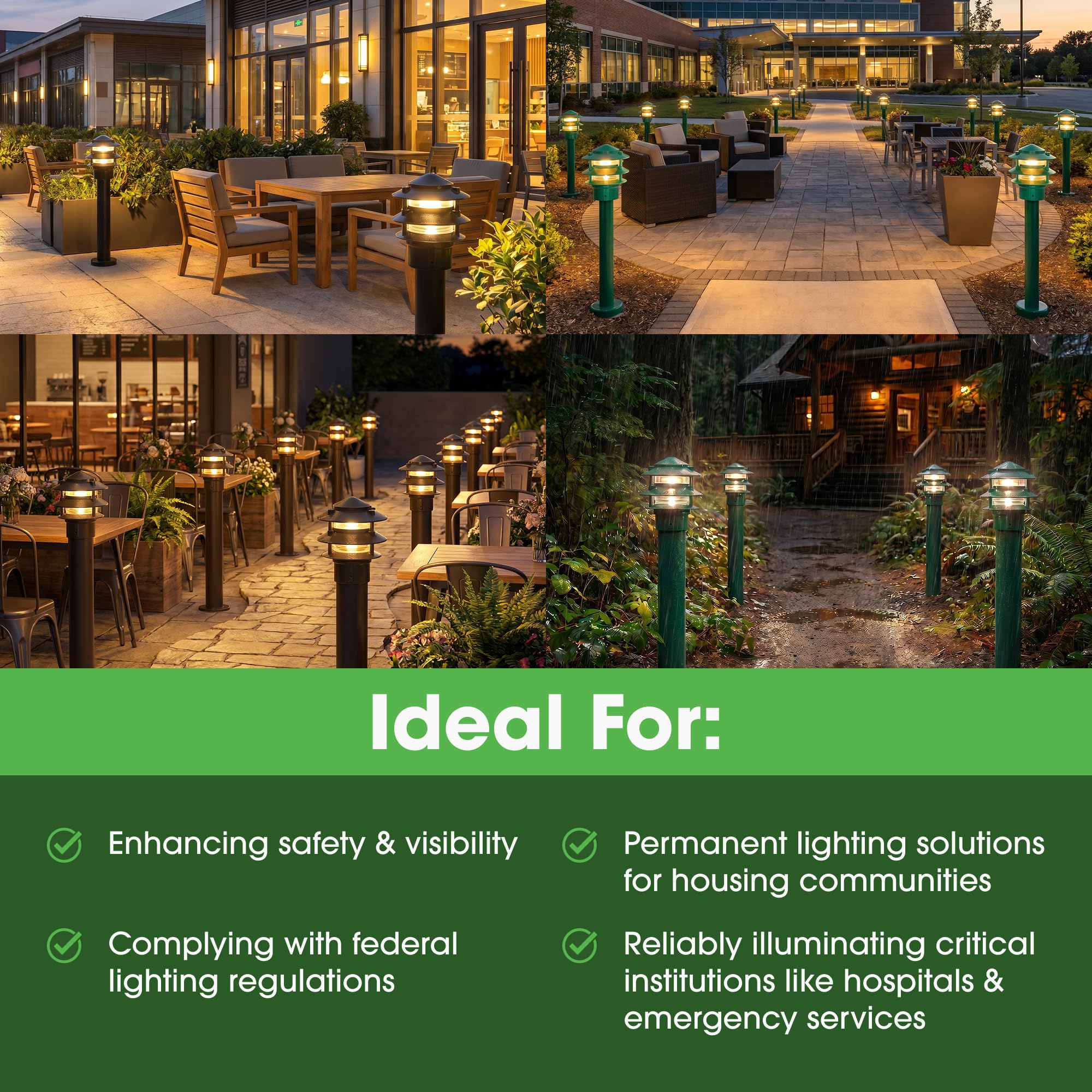 Made in USA Greenfield Weatherproof Line-Voltage (120V) Pagoda 3-Tier LED Path Light – For Permanent Professional Installs – Bronze, 3” Postbase Mount