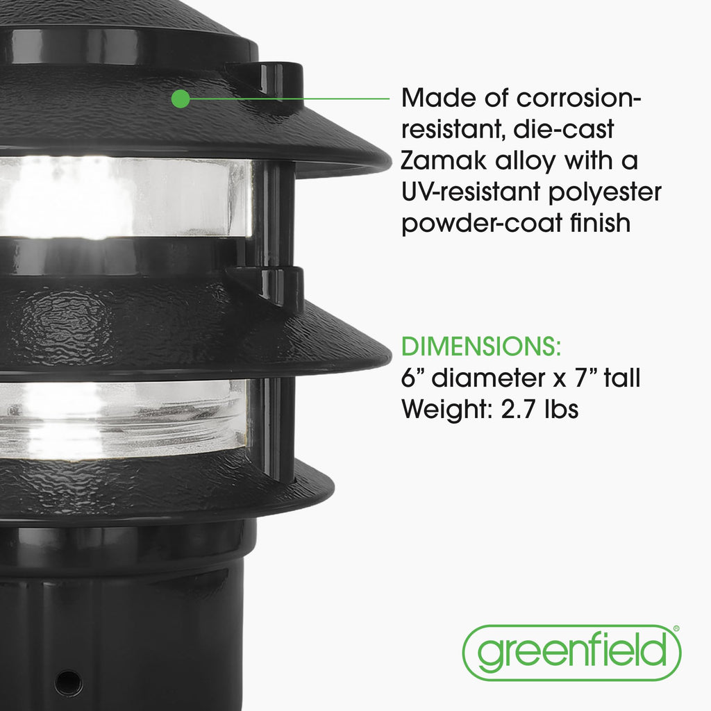 Made in USA Greenfield Weatherproof Line-Voltage (120V) Pagoda 3-Tier LED Path Light – For Permanent Professional Installs – Black, 3” Postbase Mount