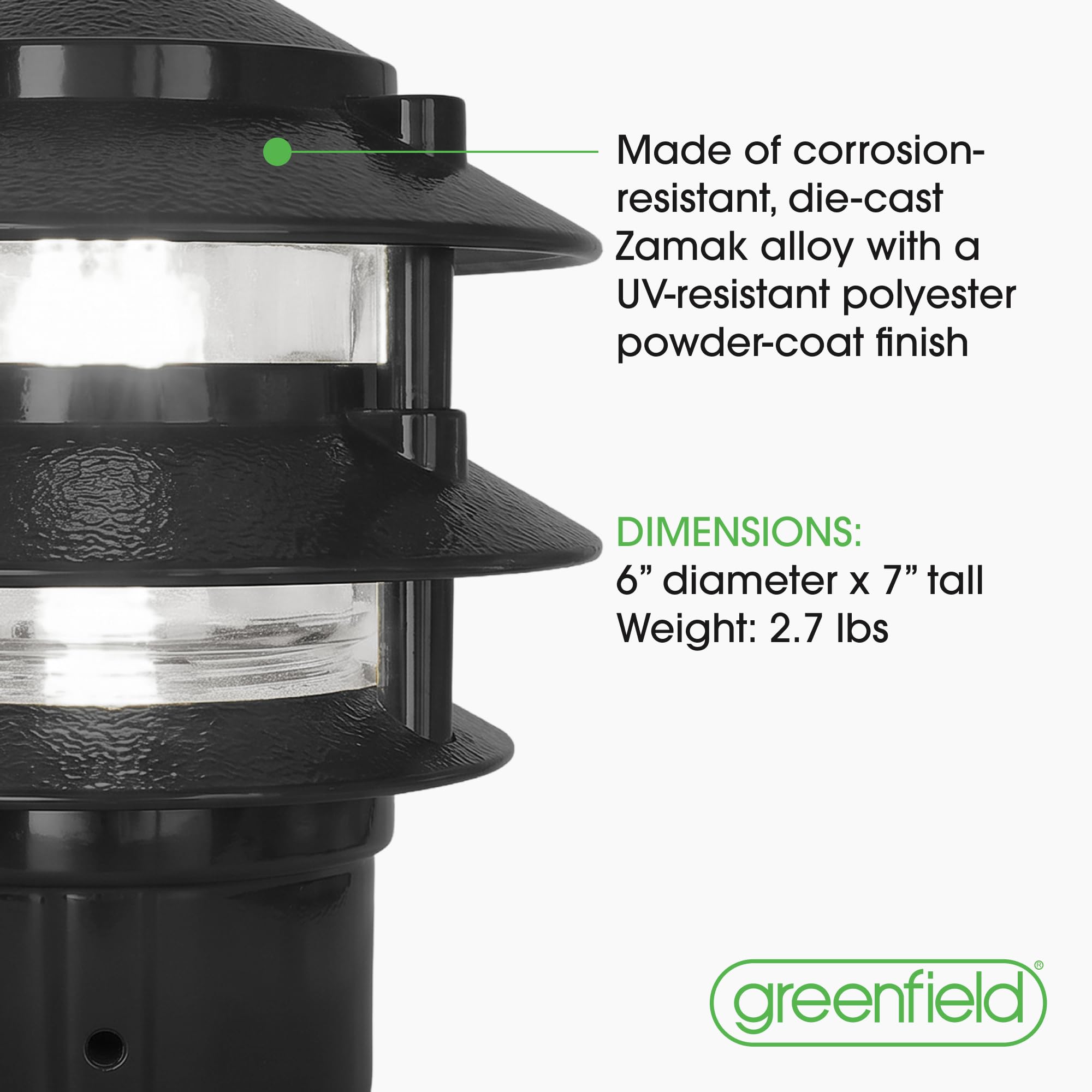 Made in USA Greenfield Weatherproof Line-Voltage (120V) Pagoda 3-Tier LED Path Light – For Permanent Professional Installs – Black, 3” Postbase Mount
