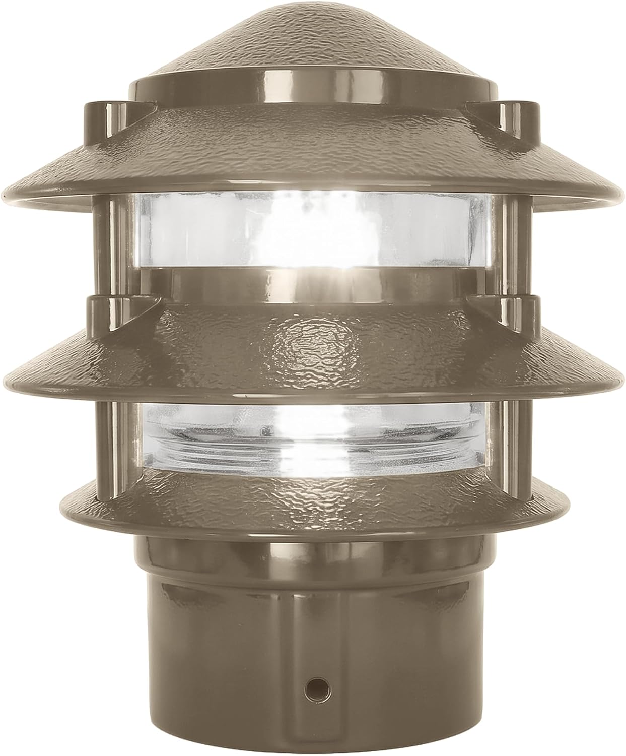 Made in USA Greenfield Weatherproof Line-Voltage (120V) Pagoda 3-Tier LED Path Light – For Permanent Professional Installs – Bronze, 3” Postbase Mount