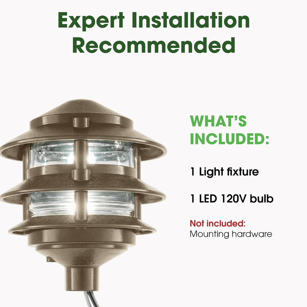 Made in USA Greenfield Weatherproof Line-Voltage (120V) Pagoda 3-Tier LED Path Light – For Permanent Professional Installs – Bronze - ½” NPT Mount