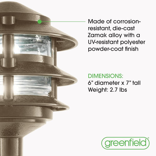 Made in USA Greenfield Weatherproof Line-Voltage (120V) Pagoda 3-Tier LED Path Light – For Permanent Professional Installs – Bronze - ½” NPT Mount