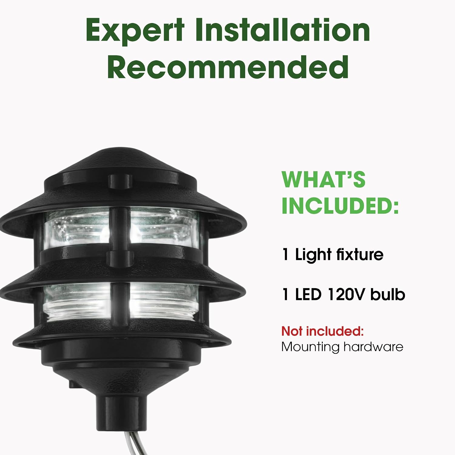 Made in USA Greenfield Weatherproof Line-Voltage (120V) Pagoda 3-Tier LED Path Light – Professional Grade for Permanent Install – Black - ½” NPT Mount
