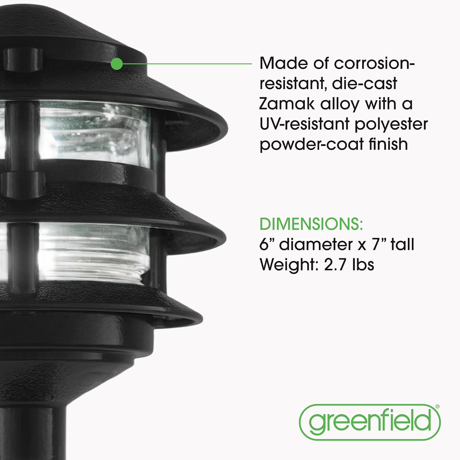 Made in USA Greenfield Weatherproof Line-Voltage (120V) Pagoda 3-Tier LED Path Light – Professional Grade for Permanent Install – Black - ½” NPT Mount