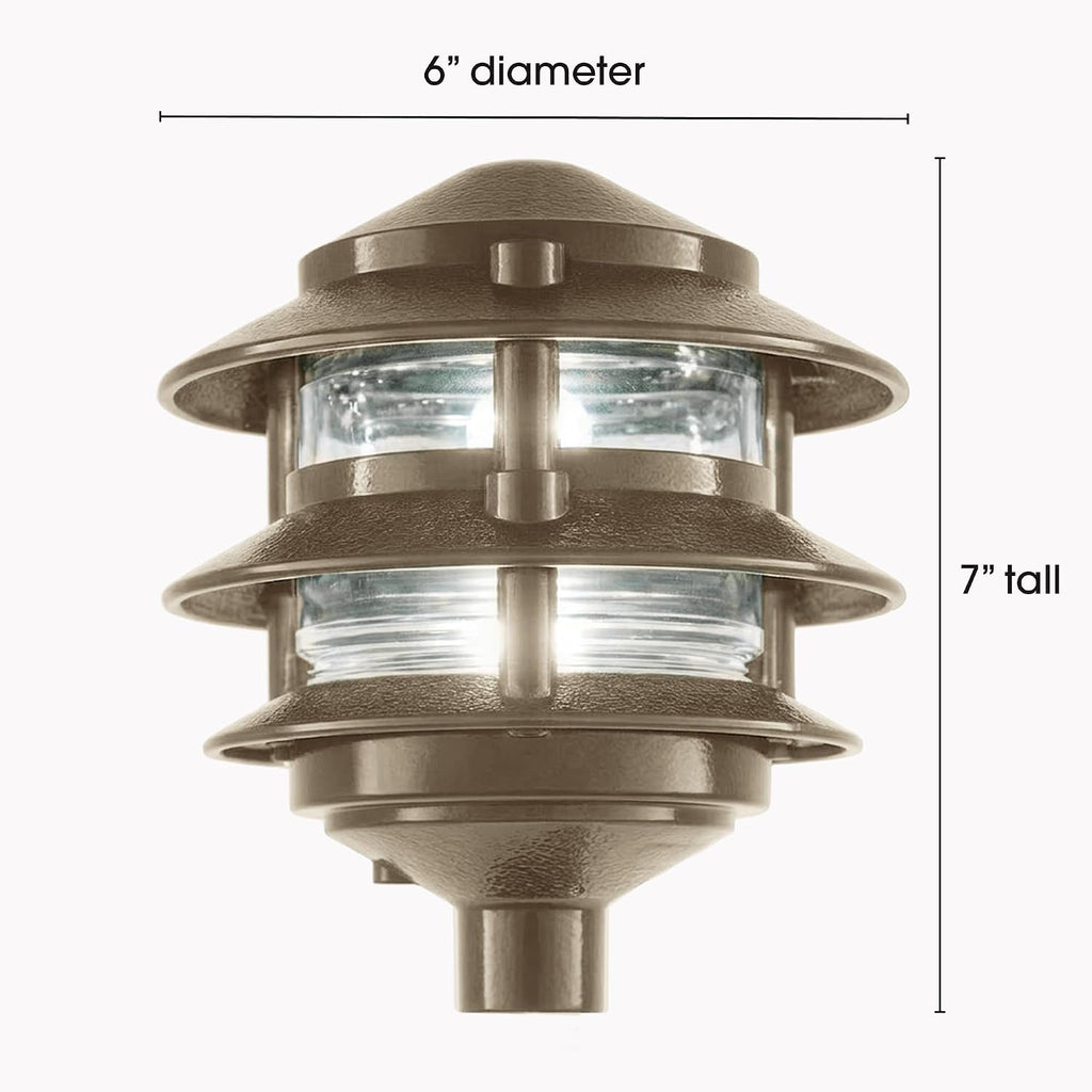 Made in USA Greenfield Weatherproof Line-Voltage (120V) Pagoda 3-Tier LED Path Light – For Permanent Professional Installs – Bronze - ½” NPT Mount