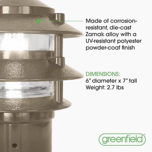 Made in USA Greenfield Weatherproof Line-Voltage (120V) Pagoda 3-Tier LED Path Light – For Permanent Professional Installs – Bronze, 3” Postbase Mount