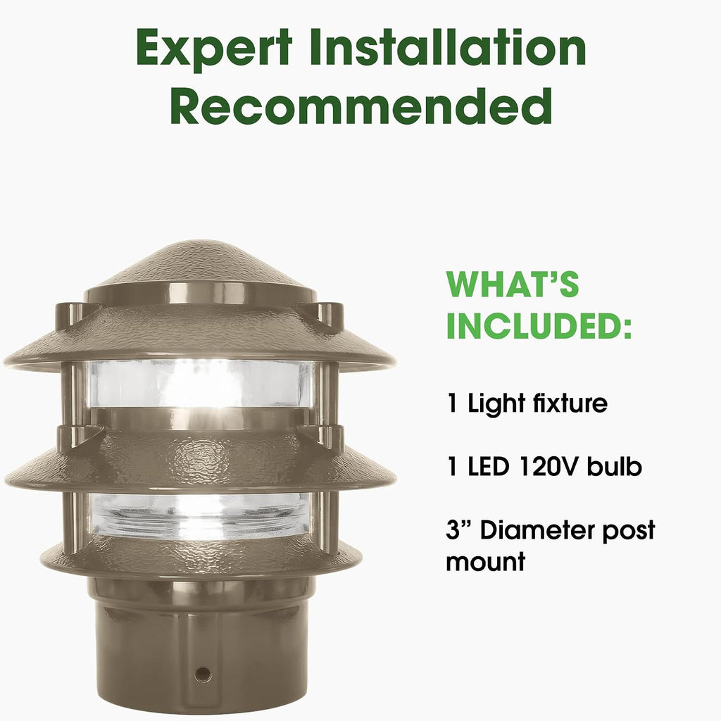 Made in USA Greenfield Weatherproof Line-Voltage (120V) Pagoda 3-Tier LED Path Light – For Permanent Professional Installs – Bronze, 3” Postbase Mount