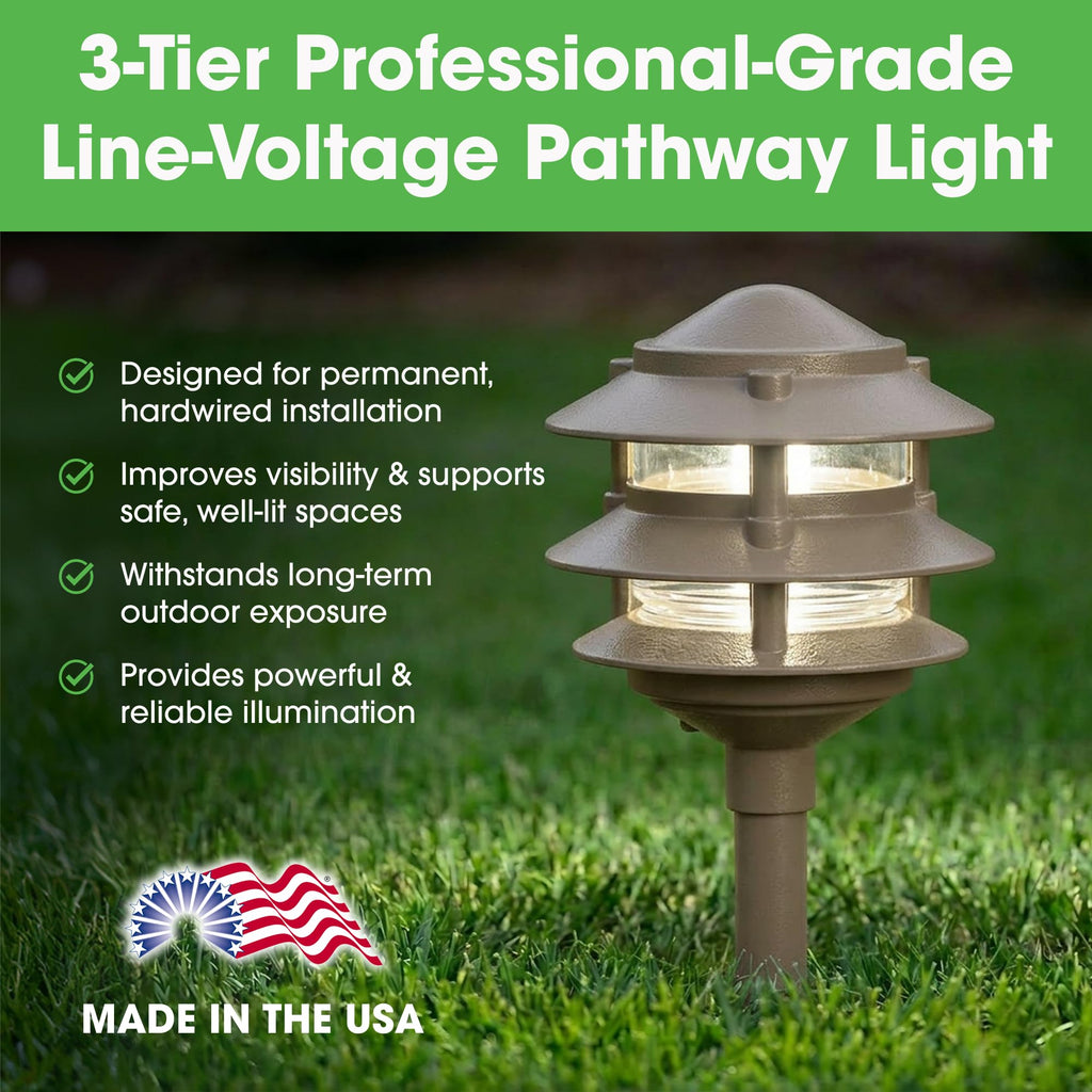 Made in USA Greenfield Weatherproof Line-Voltage (120V) Pagoda 3-Tier LED Path Light – For Permanent Professional Installs – Bronze - ½” NPT Mount