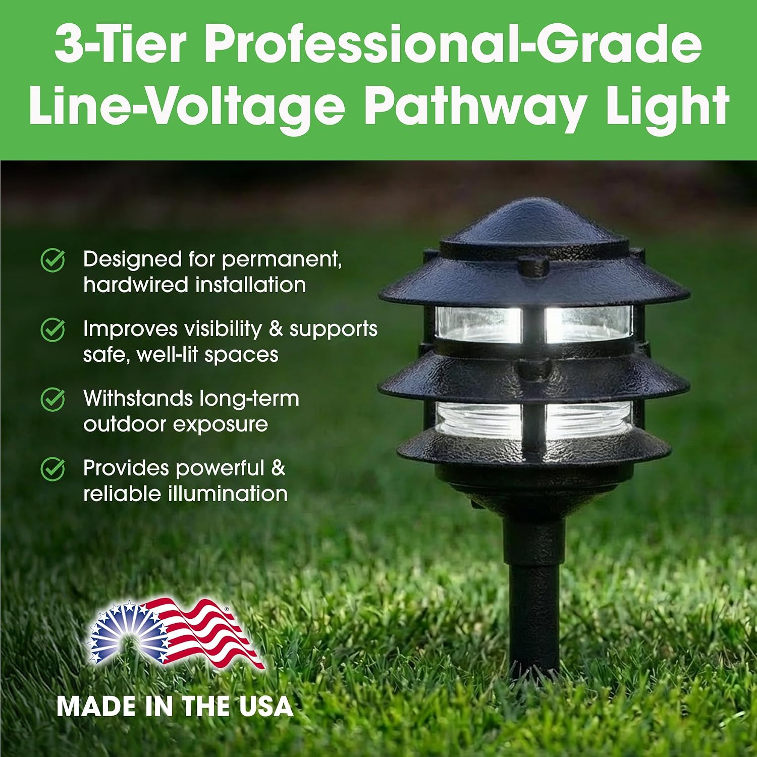 Made in USA Greenfield Weatherproof Line-Voltage (120V) Pagoda 3-Tier LED Path Light – Professional Grade for Permanent Install – Black - ½” NPT Mount