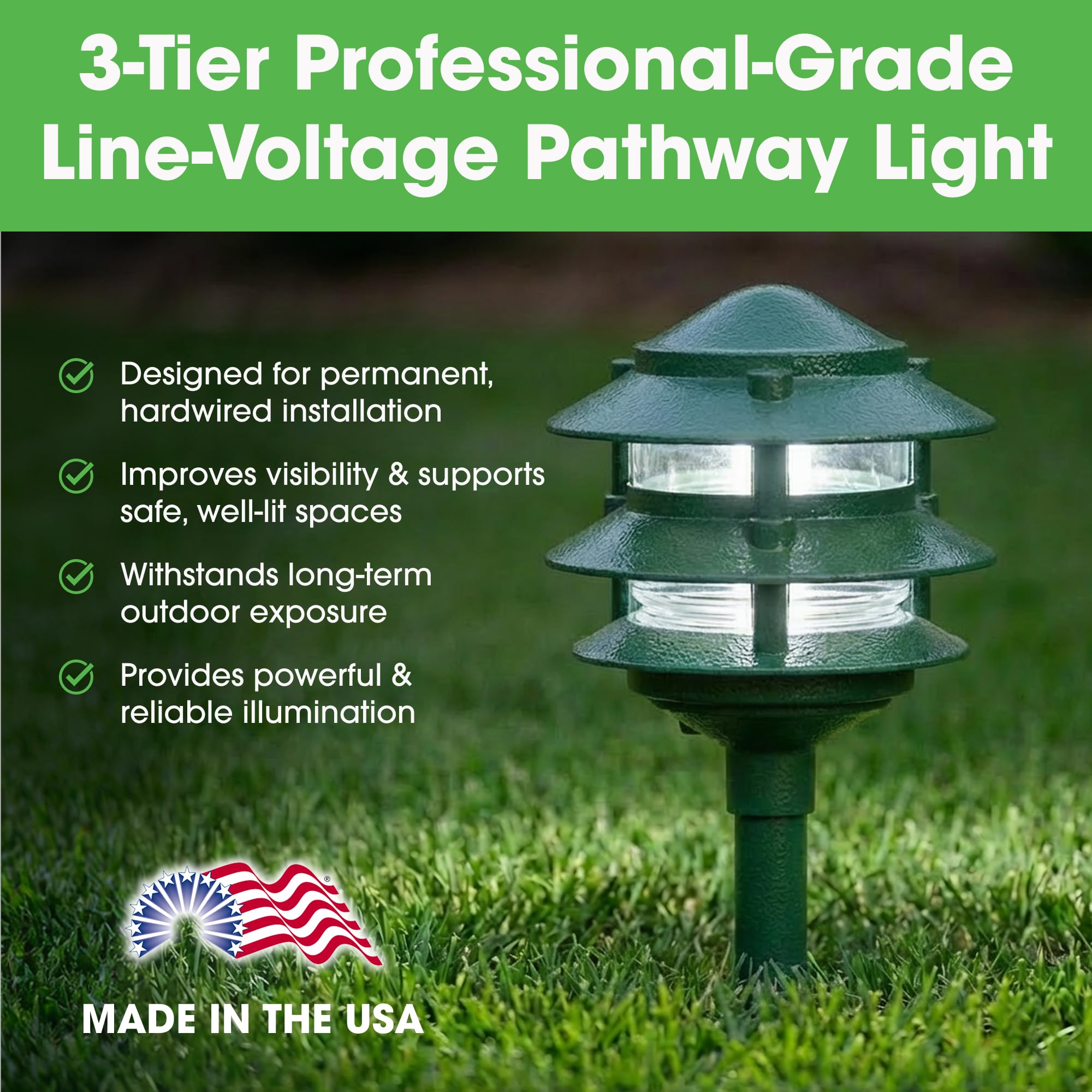 Made in USA Greenfield Weatherproof Line-Voltage (120V) Pagoda 3-Tier LED Path Light – For Permanent Professional Installs – Green - ½” NPT Mount