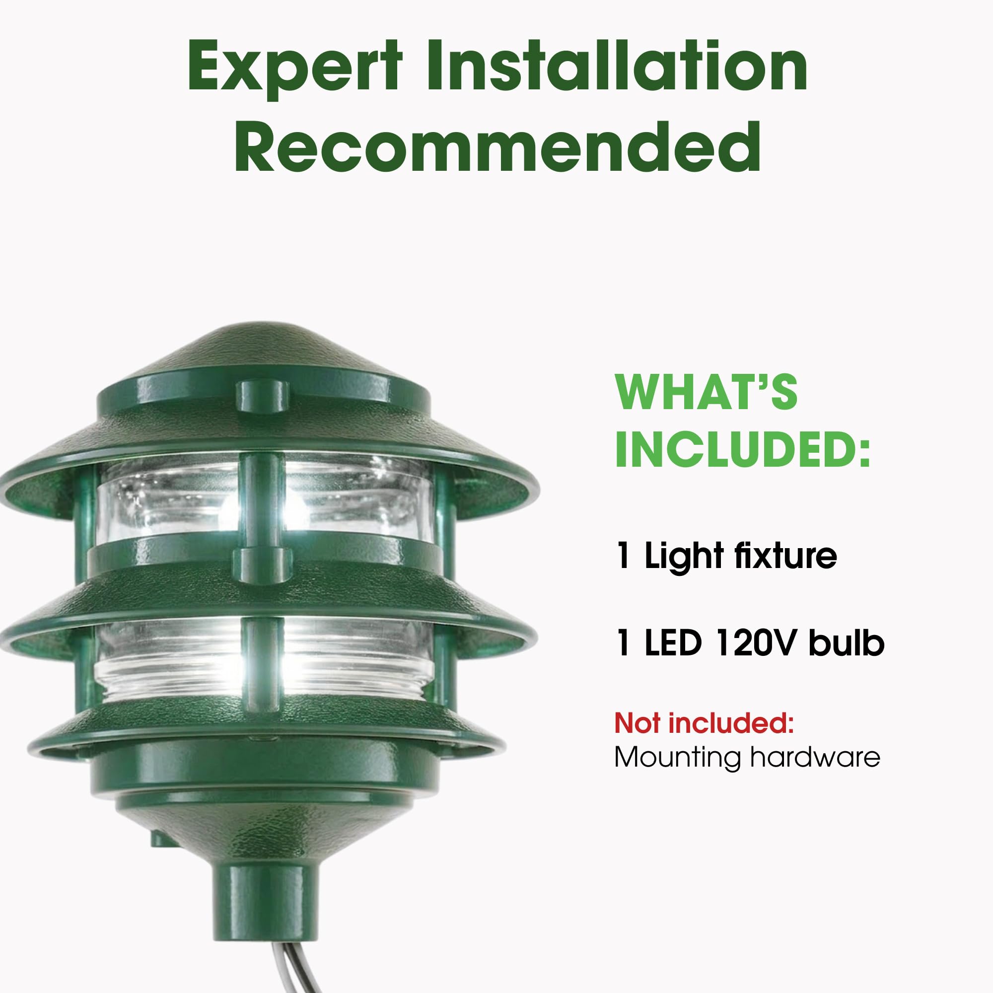 Made in USA Greenfield Weatherproof Line-Voltage (120V) Pagoda 3-Tier LED Path Light – For Permanent Professional Installs – Green - ½” NPT Mount
