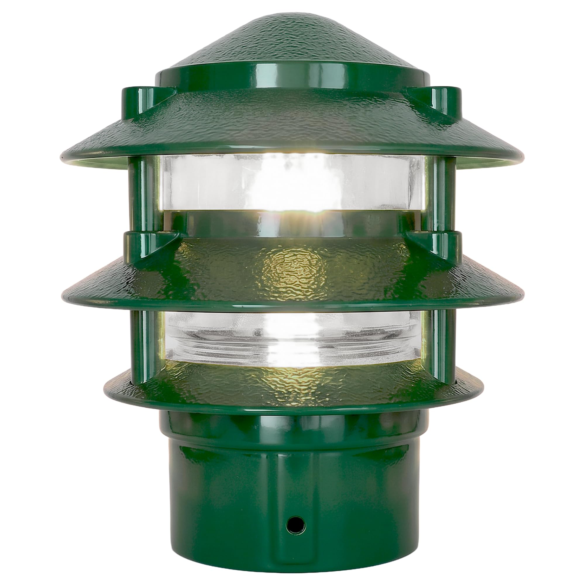 Made in USA Greenfield Weatherproof Line-Voltage (120V) Pagoda 3-Tier LED Path Light – For Permanent Professional Installs – Green – 3” Postbase Mount