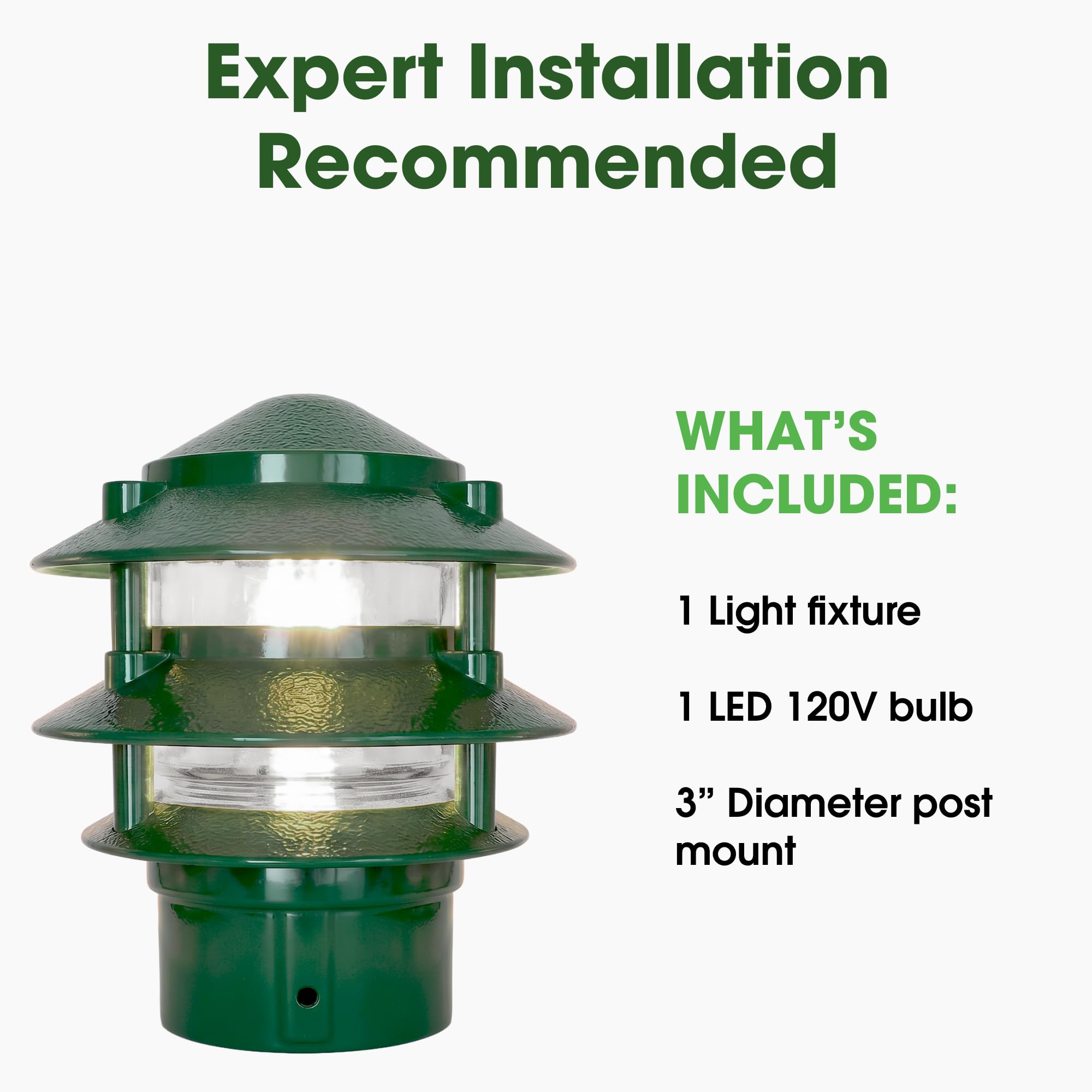 Made in USA Greenfield Weatherproof Line-Voltage (120V) Pagoda 3-Tier LED Path Light – For Permanent Professional Installs – Green – 3” Postbase Mount