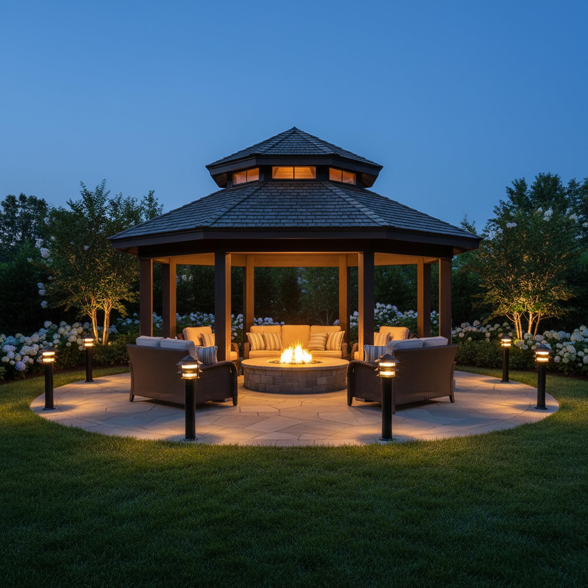 Made in USA Greenfield Weatherproof Line-Voltage (120V) Pagoda 3-Tier LED Path Light – For Permanent Professional Installs – Bronze, 3” Postbase Mount
