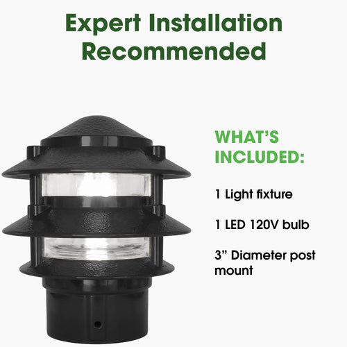 Made in USA Greenfield Weatherproof Line-Voltage (120V) Pagoda 3-Tier LED Path Light – For Permanent Professional Installs – Black, 3” Postbase Mount